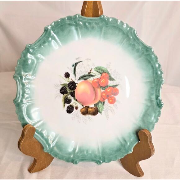 Decorative Fruit Inspired Ceramic Plate Green Scallop Edge Peach Berries Cherry - Picture 1 of 3